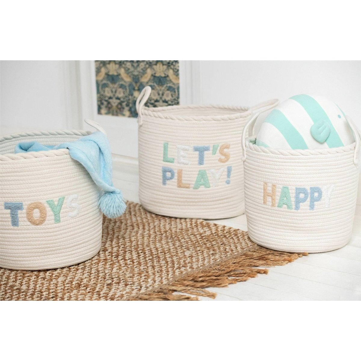 Set de 3 paniers enfant en coton brodé blanc et bleu clair multicolore, RECOLLECTION