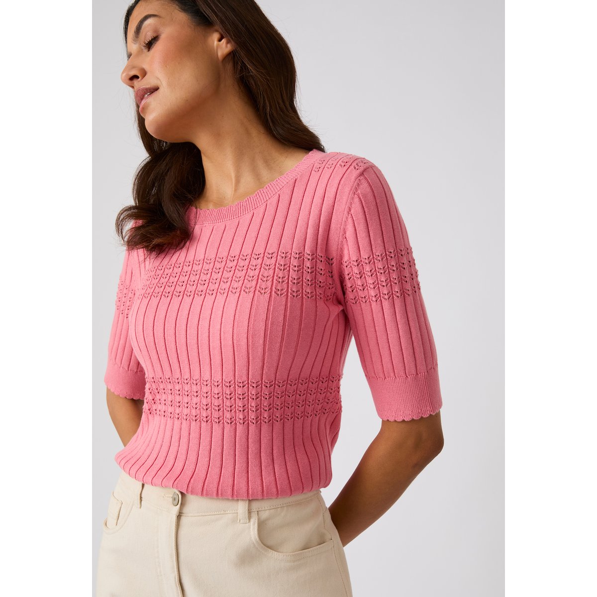 Pull à côtes ajourées rose, DAMART