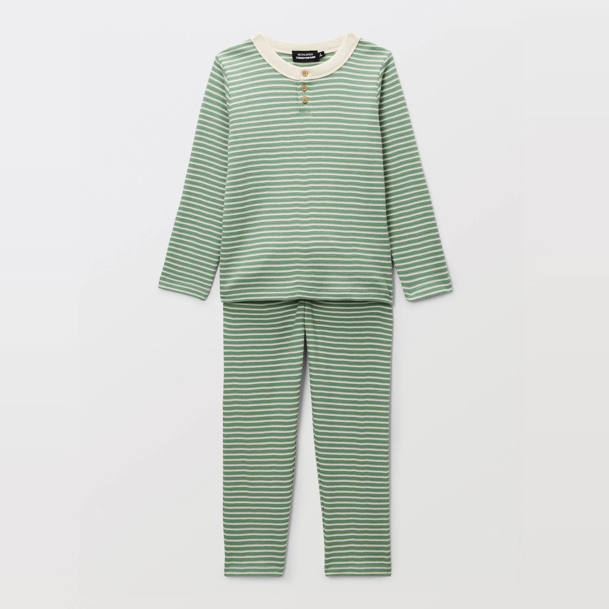 Pyjama manches longues rayé en coton BIO GOTS euphorbe, MONOPRIX