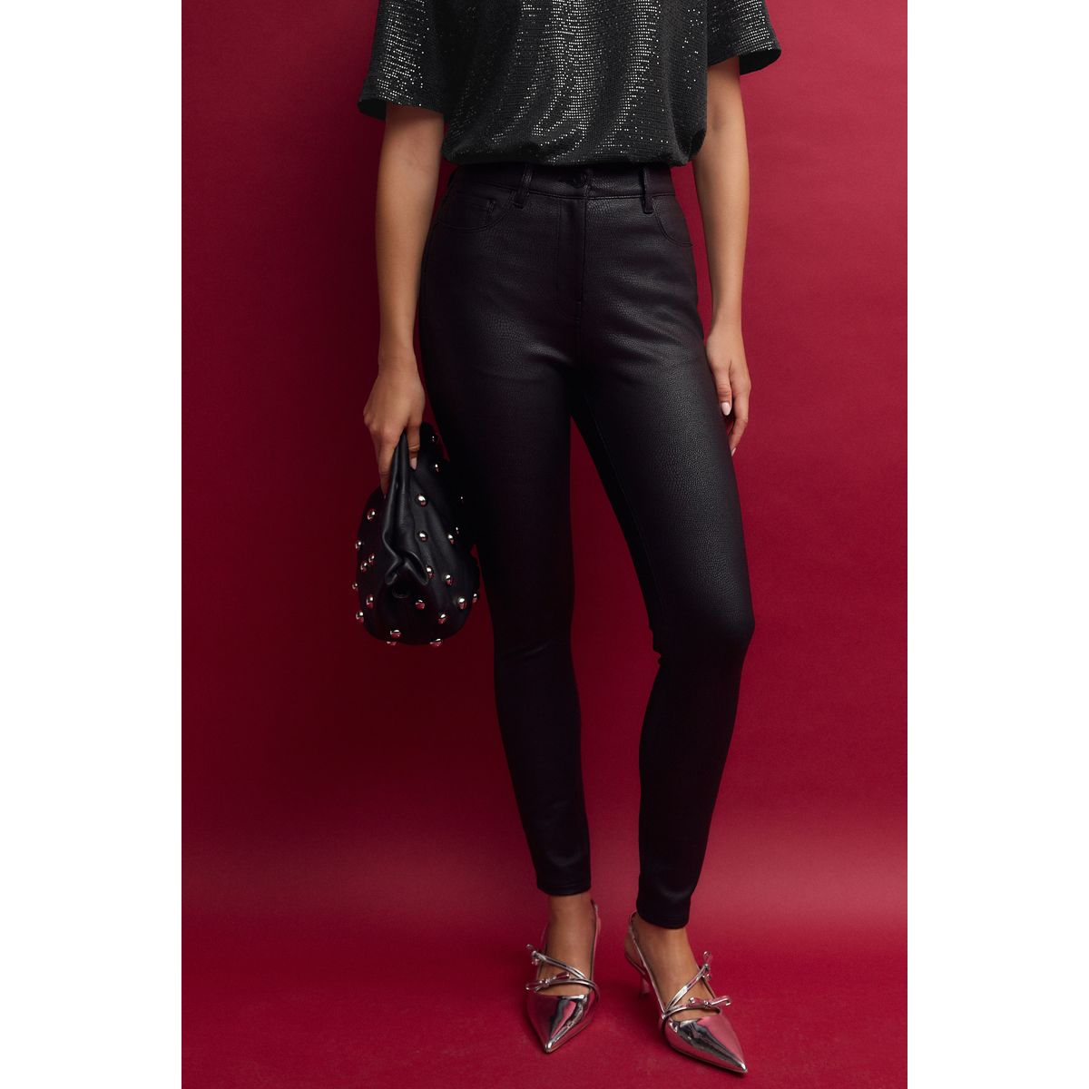 Pantalon en maille point de rome enduit noir, NEXT