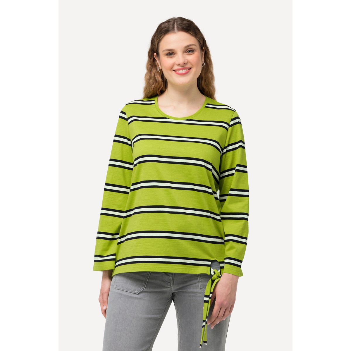 T-shirt rayé à manches longues. Col rond vert pomme, ULLA POPKEN