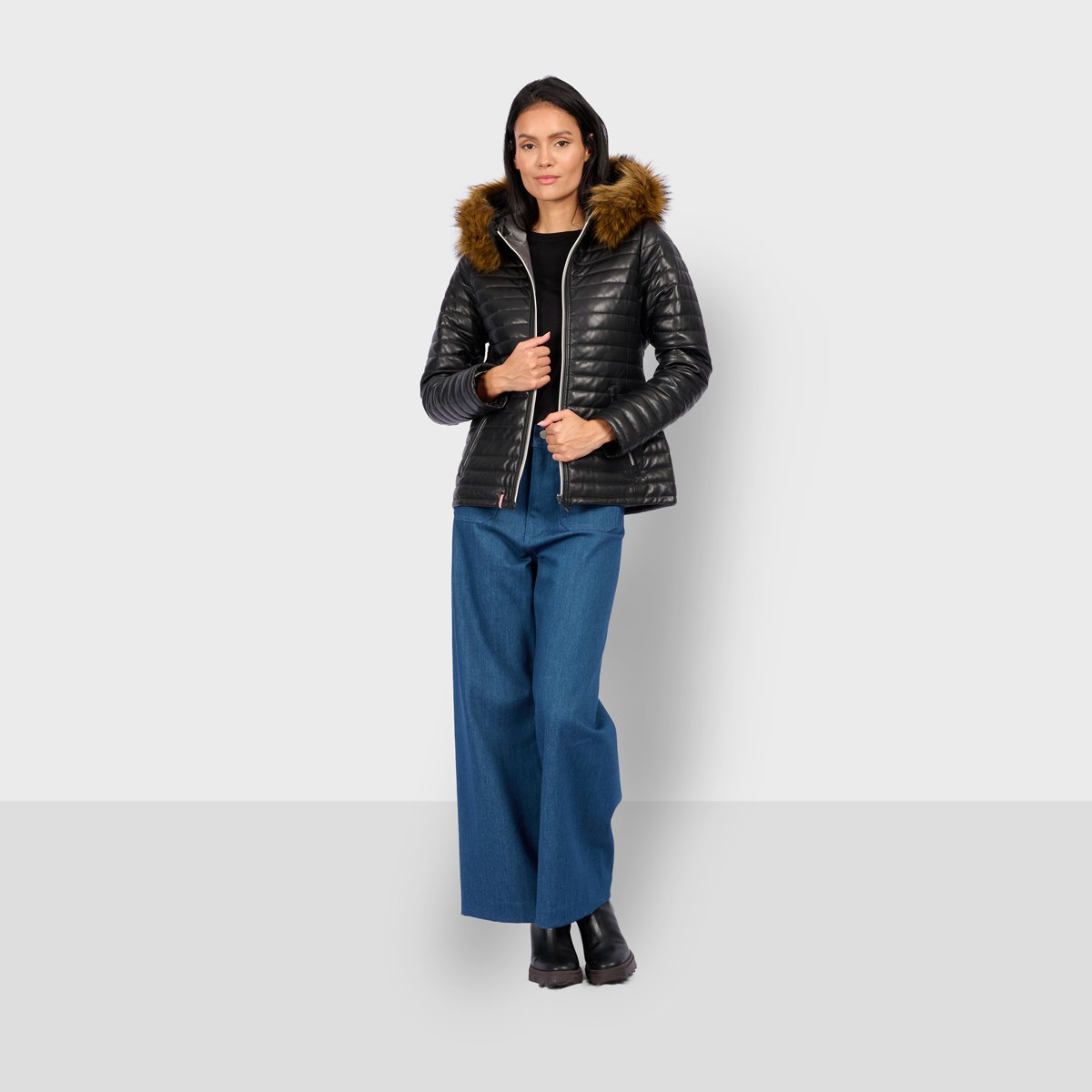 Veste en cuir à capuche et manches longues MANDY noir, OAKWOOD