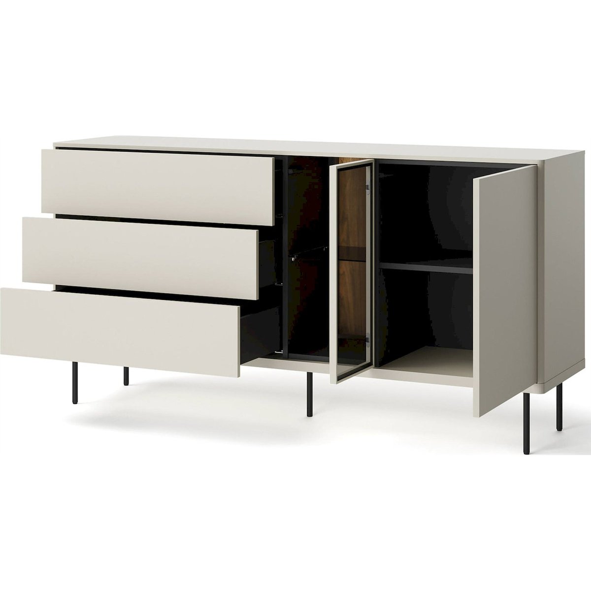 Buffet vitrine 2 portes 3 tiroirs EPIRO beige grisé et chêne foncé, RECOLLECTION