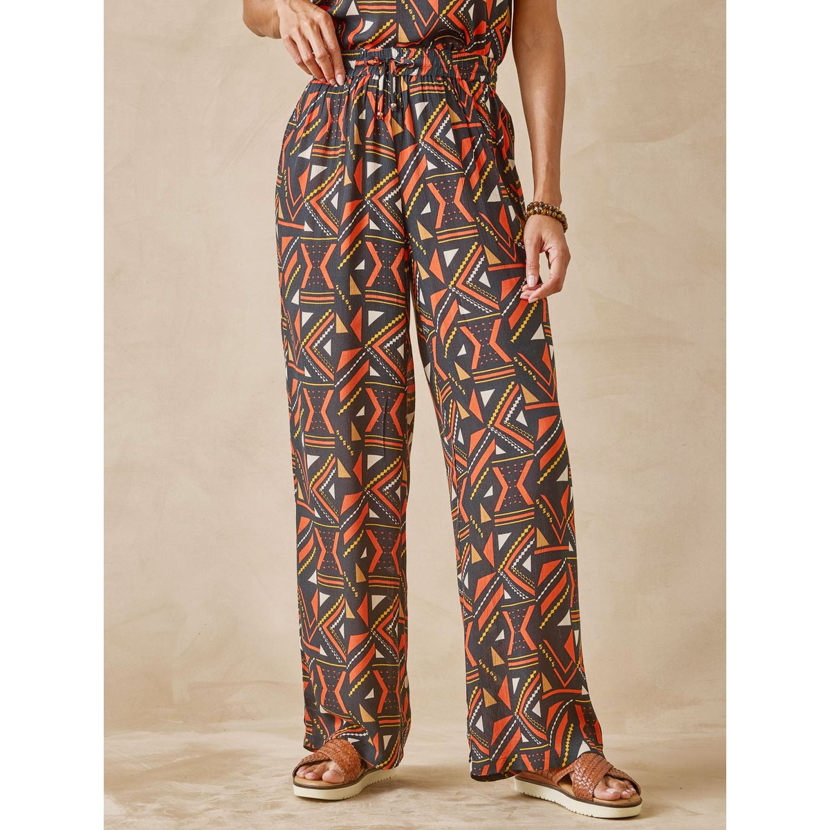 Pantalon élastiqué large et fluide imprimé marron, DAXON