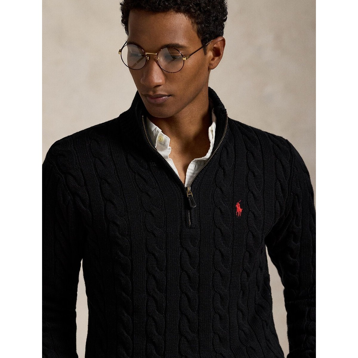 Half Zip Zopfmusterpullover aus Baumwolle schwarz, POLO RALPH LAUREN