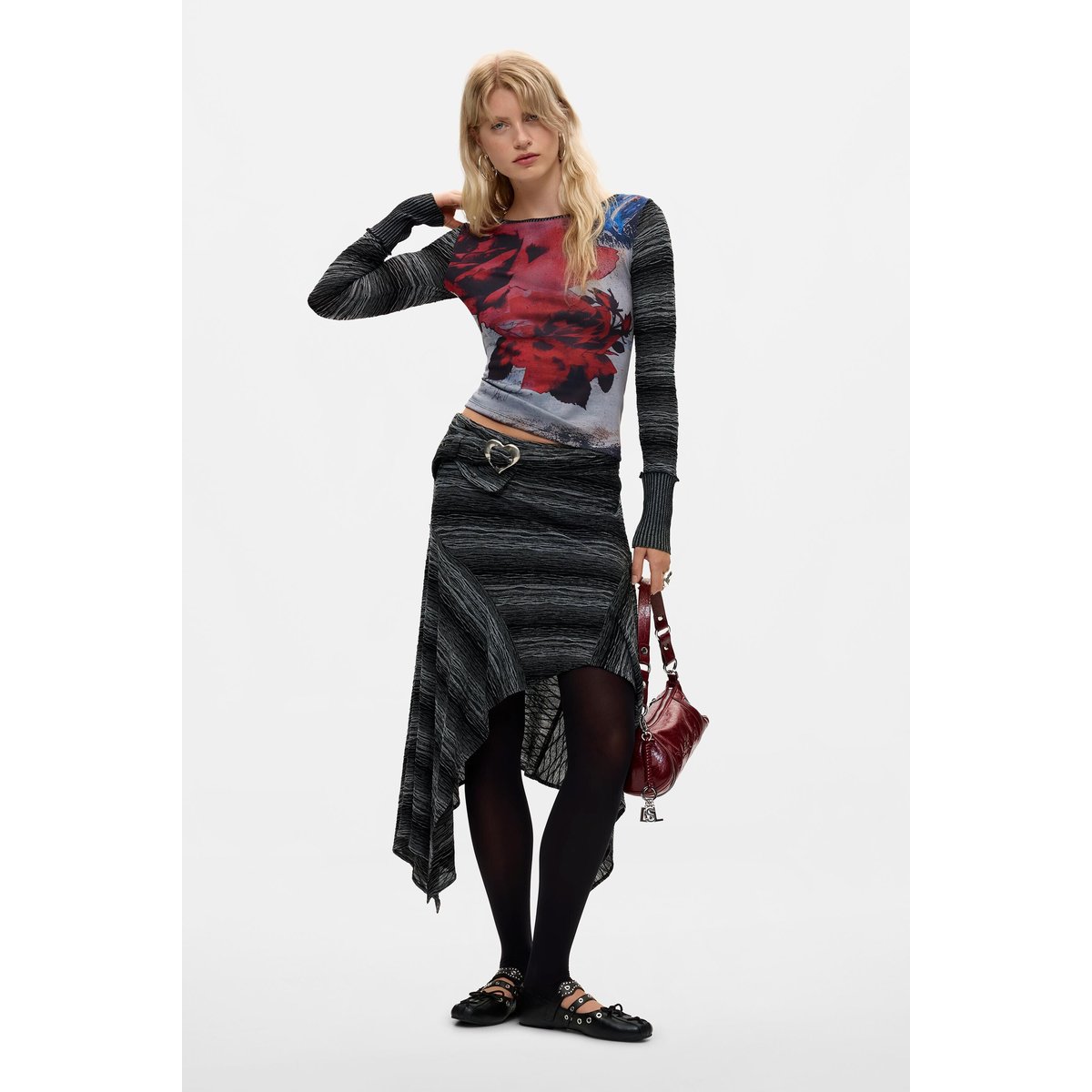 T-shirt à manches longues imprimé noir, DESIGUAL