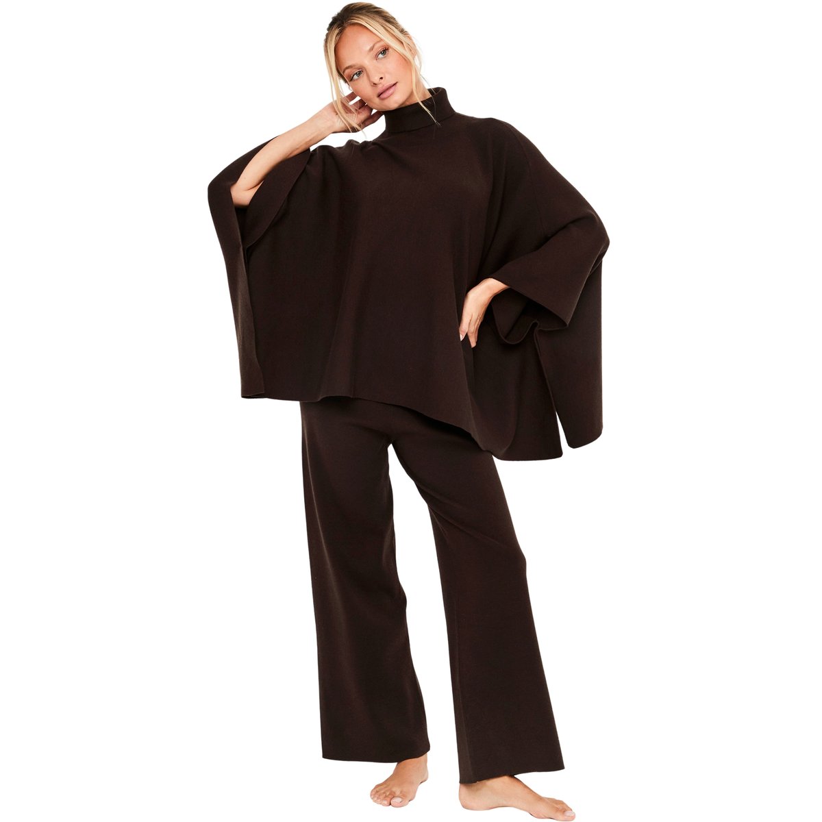 Pyjama pantalon évasé poncho col montant The Knit Code marron, SELMARK
