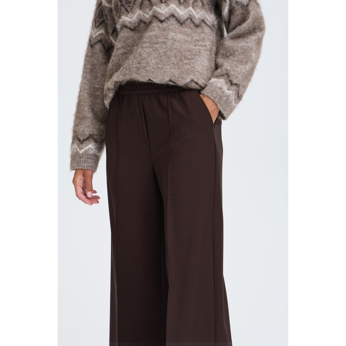 Pantalon large coupe droite, taille élastiquée marron java melange, B.YOUNG