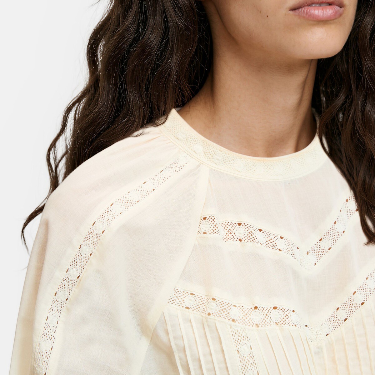 Embroidered Cotton Voile Blouse with Crew Neck ivory, LA REDOUTE COLLECTIONS