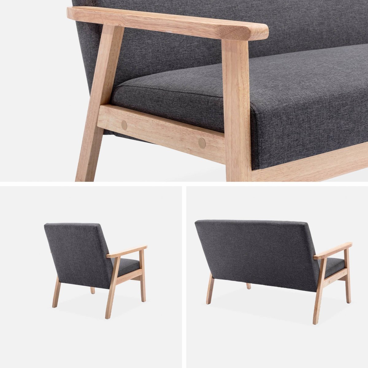 Banquette 2 places + fauteuil 1 place bois de peuplier, d'hévéa et tissu ISAK gris foncé, SWEEEK