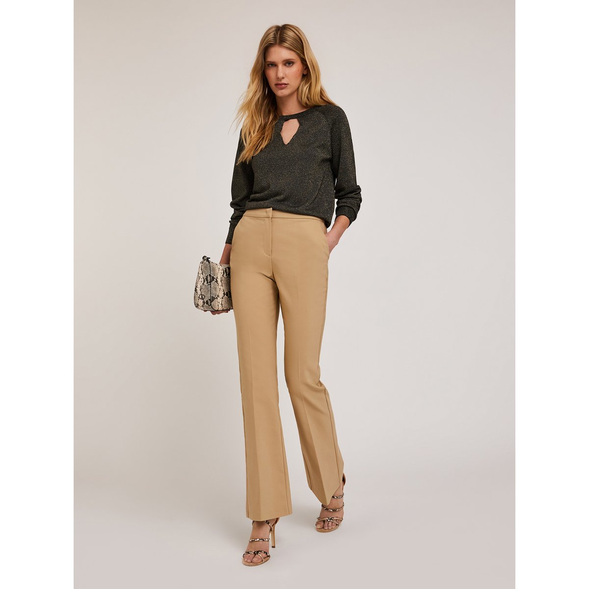 Pantalon flare en tissu compact beige, MOTIVI