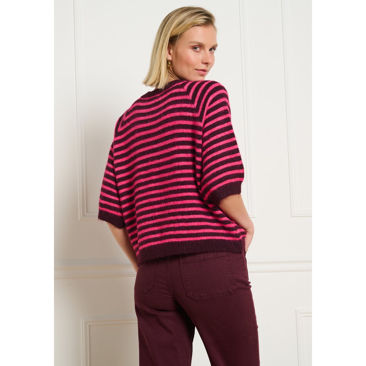 Pull rayé manches courtes aubergine, LOLALIZA