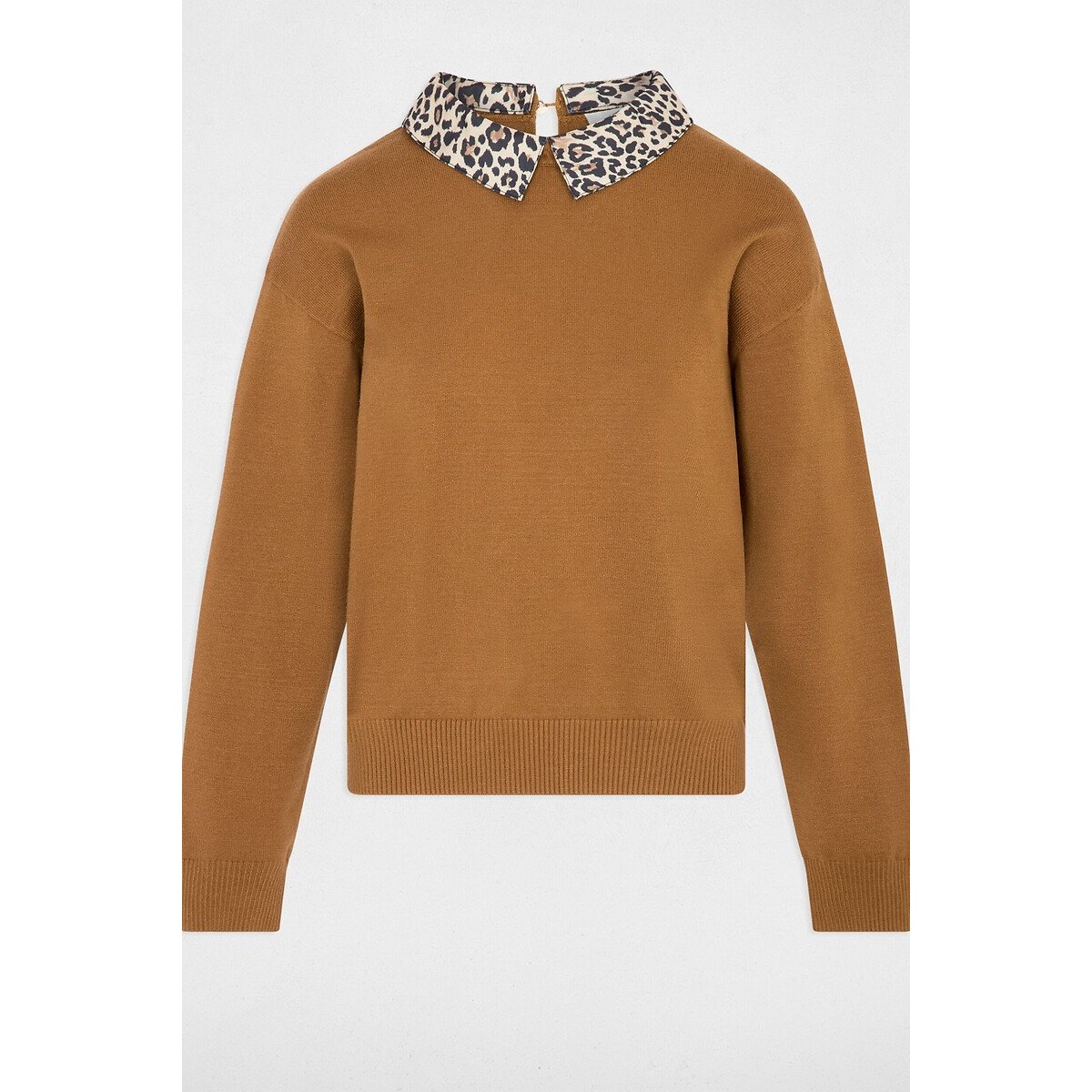 Pull avec col chemise imprimé léopard marron, MORGAN