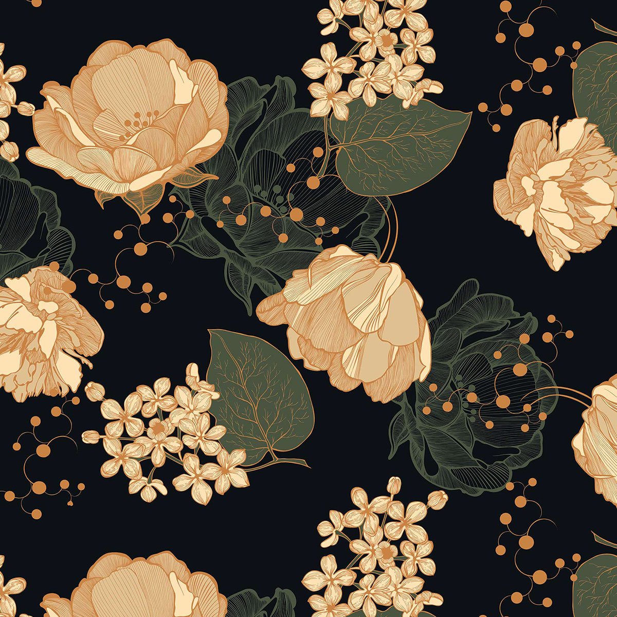 Papier peint, black floral noir, HEXOA