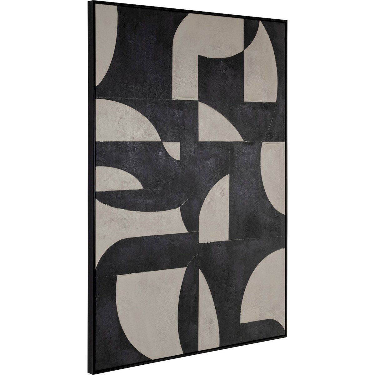 Tableau abstrait rectangulaire en toile noir graphique et beige clair, RECOLLECTION