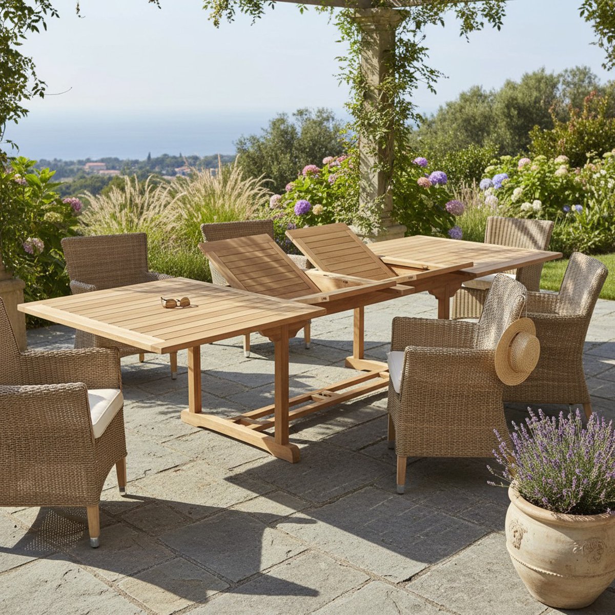 Table extensible rectangulaire teck massif 12 places Sydney naturel, TECK ATTITUDE