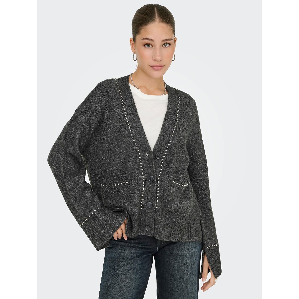 Gilet col V boutonné, détail strass gris, ONLY