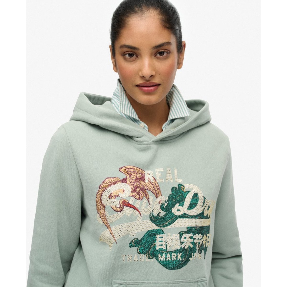 Sweat à capuche Vintage Logo Tokyo Coupe Décontractée vert jade clair, SUPERDRY