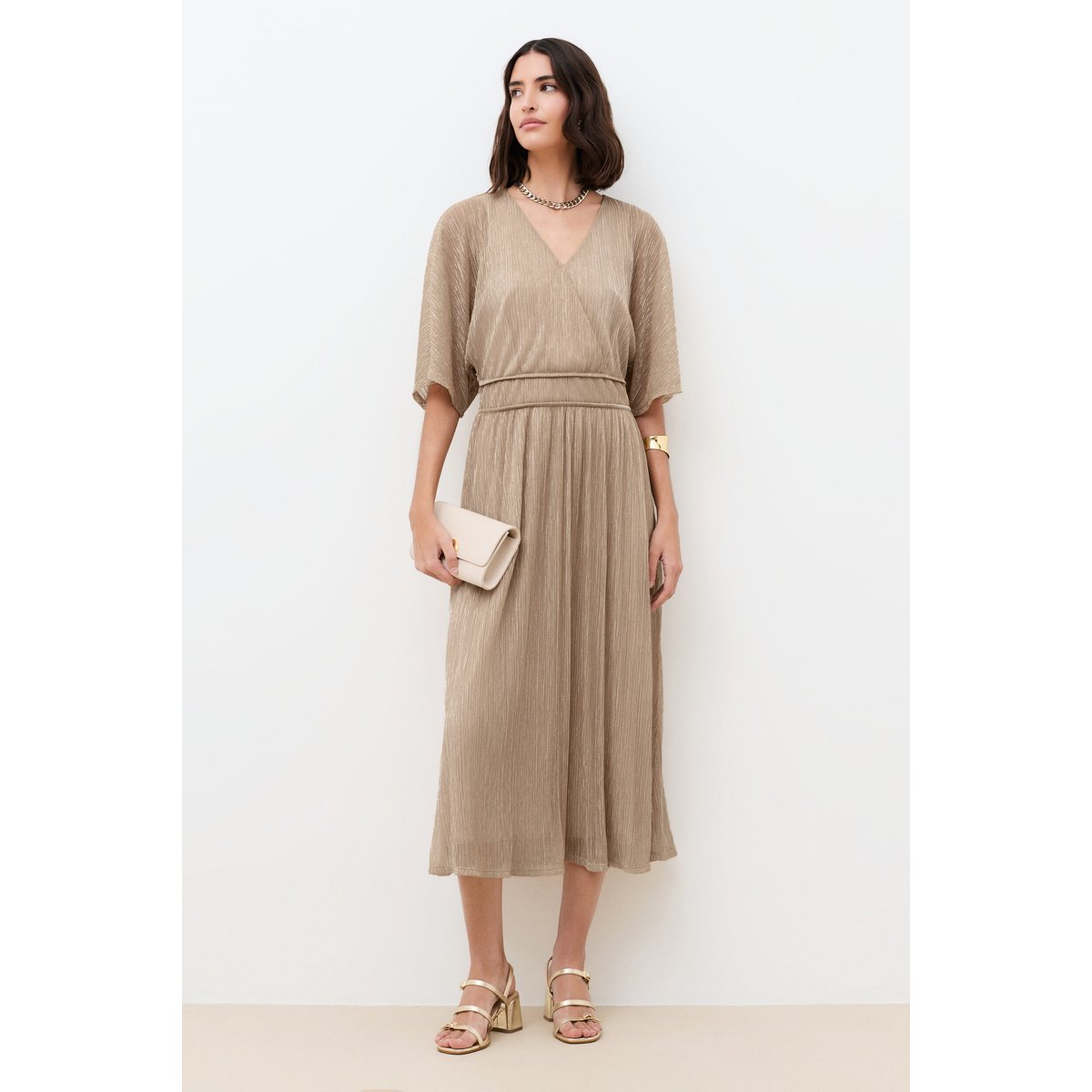Robe évasée col v RSHANO couleur or, CAROLL