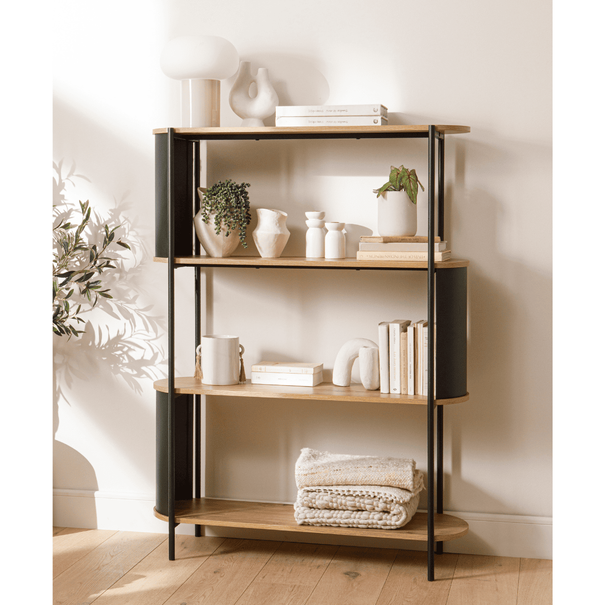 Etagère 4 niveaux décor bois avec flancs en métal noir H134 cm - EKLO bois clair, CALICOSY