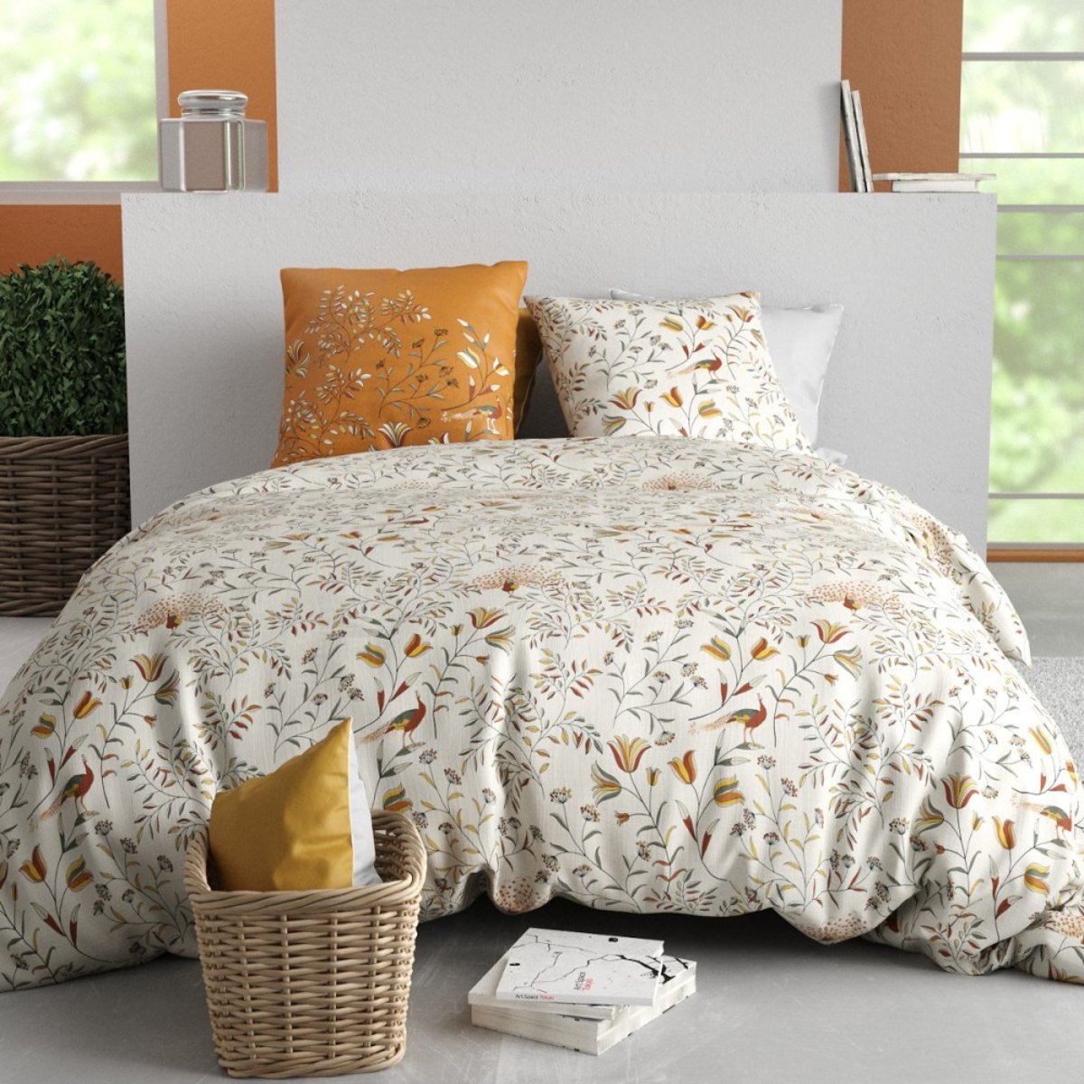 Housse de couette 100% coton 57 fils + 2 taies d’oreiller orange, DECORATIE