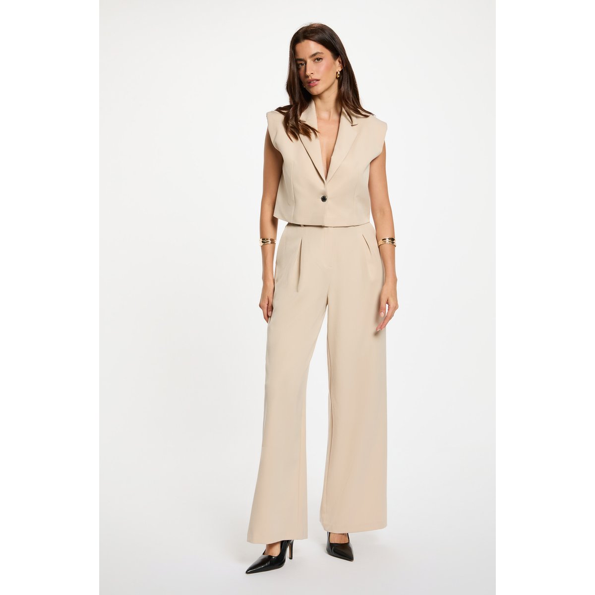 Pantalon large taille haute beige, MORGAN