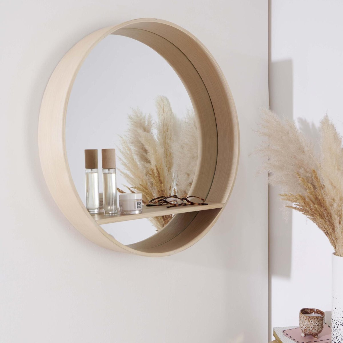 Miroir rond en chêne avec étagère OBLO chêne, MOB IN
