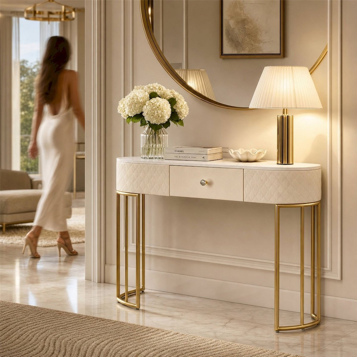 Console capitonnée piètement métal GLAM blanc et doré, RECOLLECTION