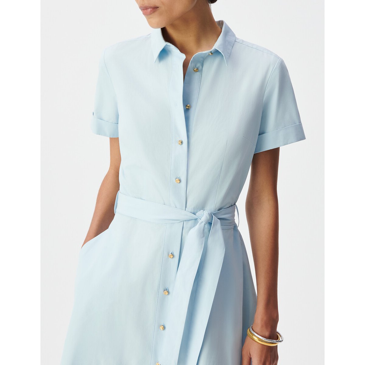 Abito camicia midi con cintura a maniche corte blu chambray, IKKS
