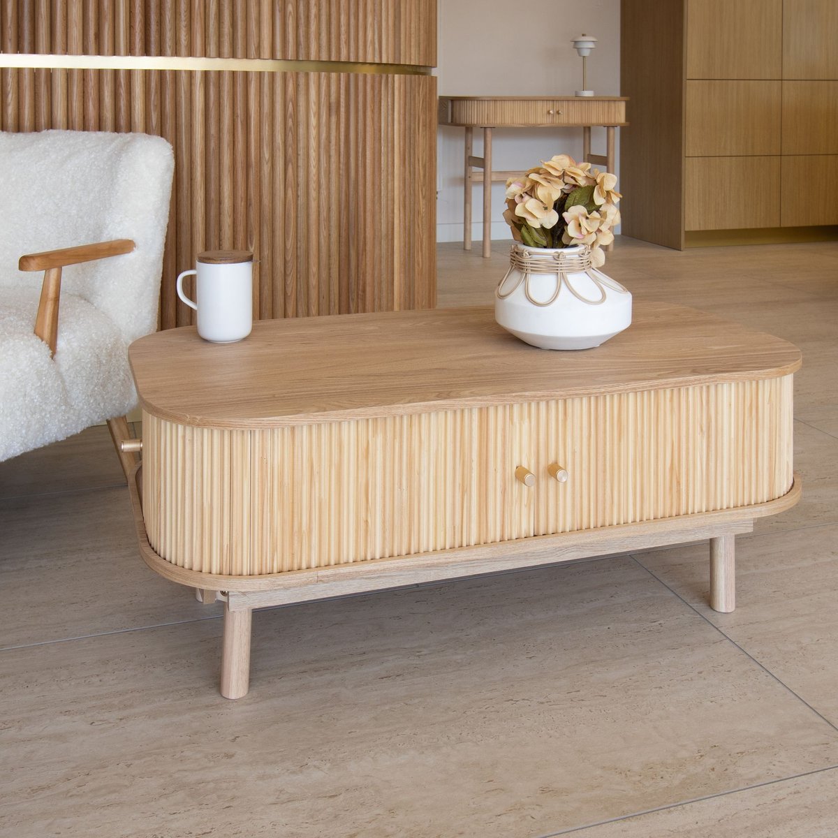 Table basse en bois clair avec portes coulissantes, HECTOR naturel, NOW'S HOME