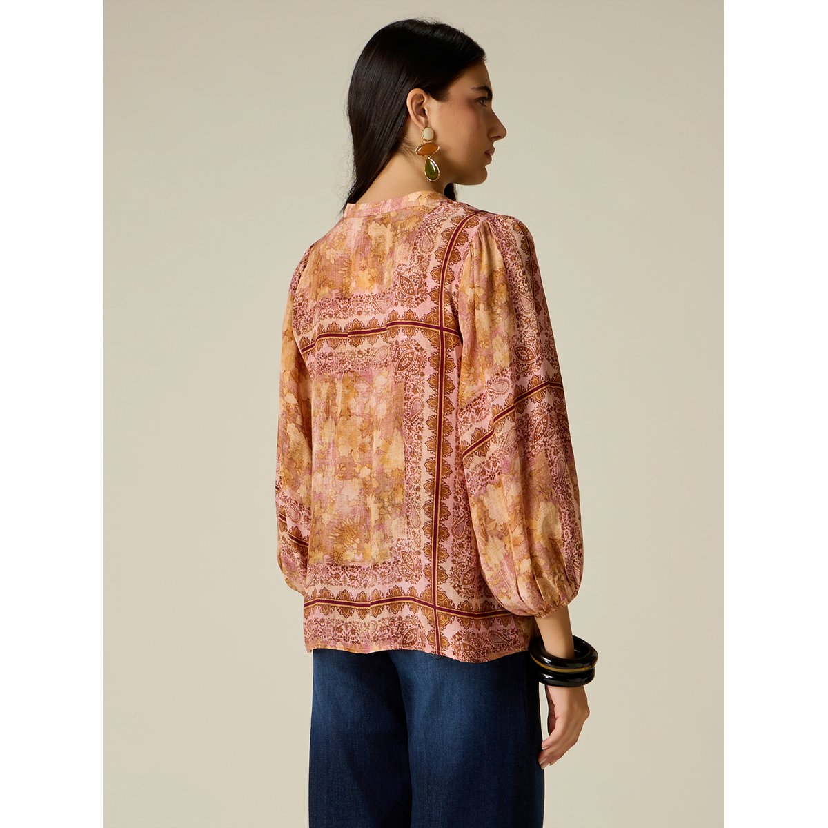 Blouse à motifs avec manches ballon orange soleil, OLTRE