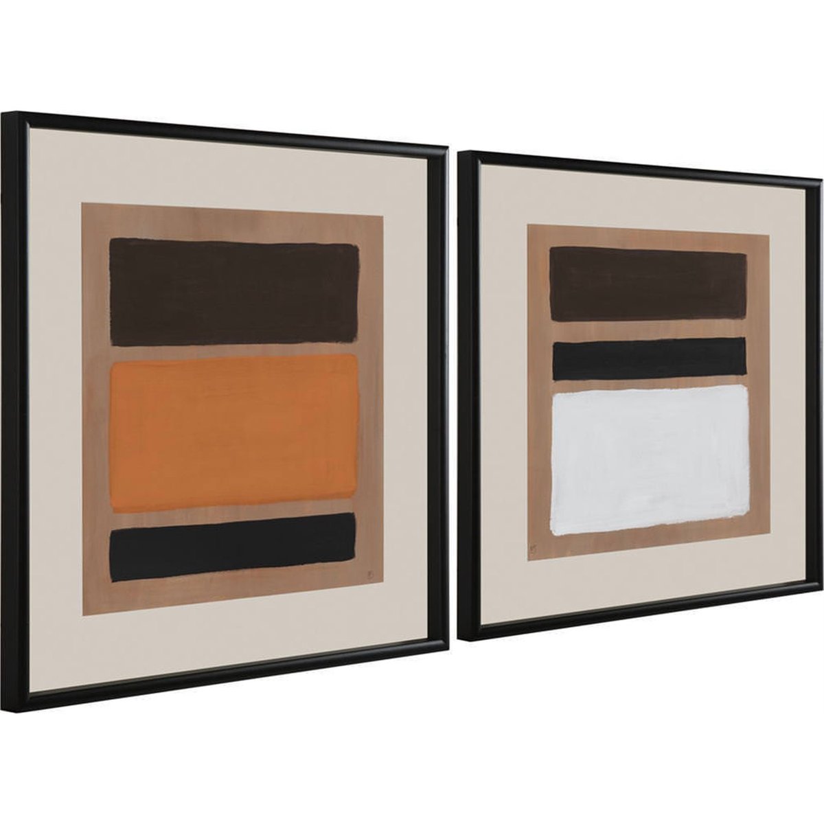 Duo de toiles abstraites peintes à la main noir, beige, marron, orange et blanc, RECOLLECTION