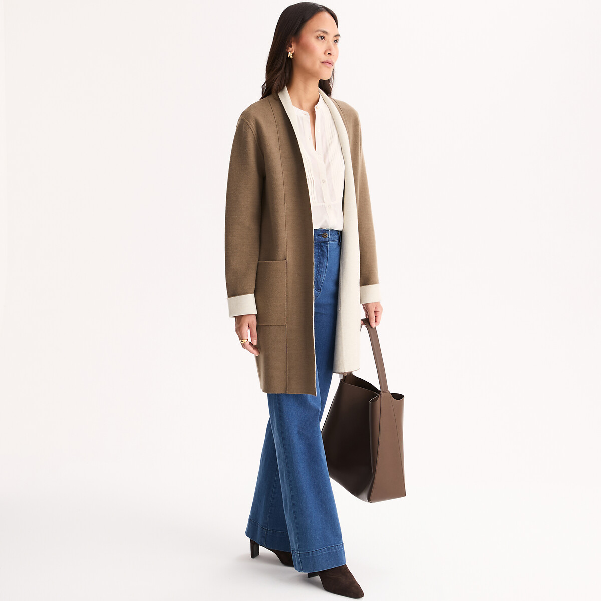 Gilet long en maille milano taupe + crème, ANNE WEYBURN