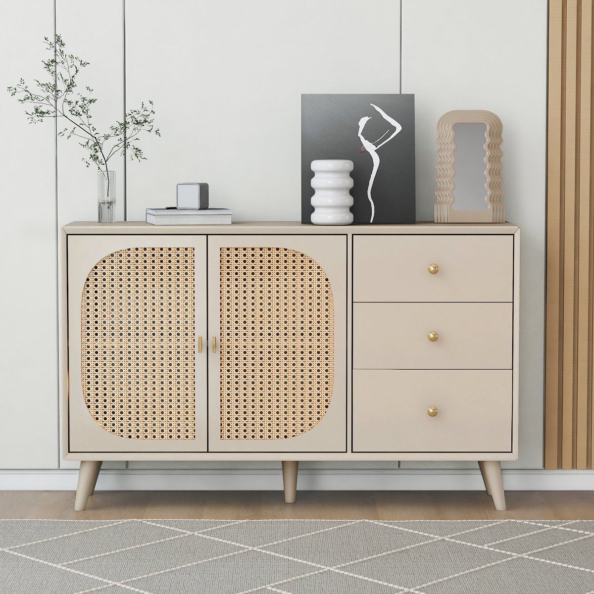 Armoire de rangement avec 2 portes 3 tiroirs et 6 couches, DAVEC Armoire crème, MEUBLES COSY