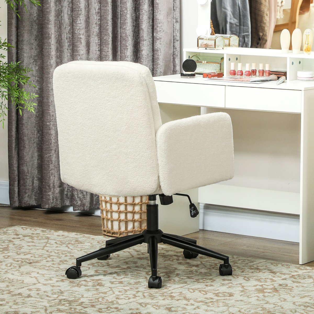 Chaise de bureau Tissu effet laine bouclée crème, HOMCOM