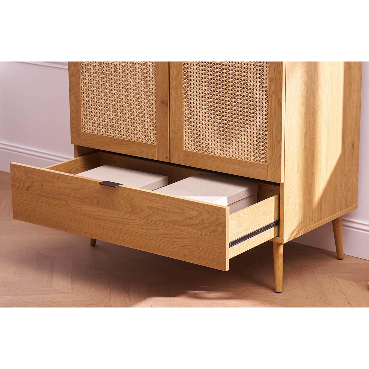 Armoire finition bois clair, cannage en rotin et métal noir L100 cm MANILLE chêne clair, MILIBOO