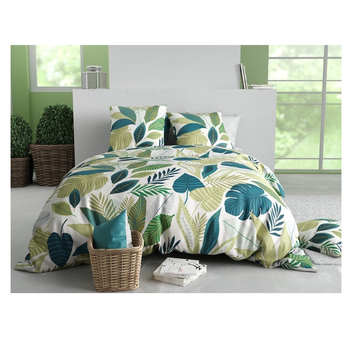 Housse couette + taie Feuillage tropicalia vert, EDEN