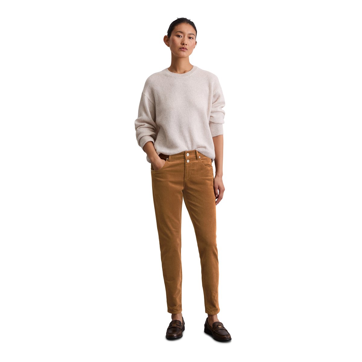 Pantalon à fines côtes modèle Theda boyfriend cropped en coton organique modal stretch marron clair, MARC O'POLO