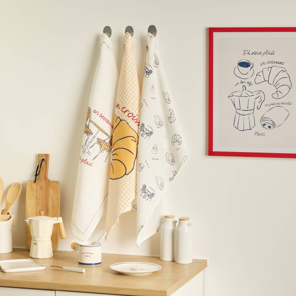 Lot de 3 torchons en coton FRA blanc, ATMOSPHERA