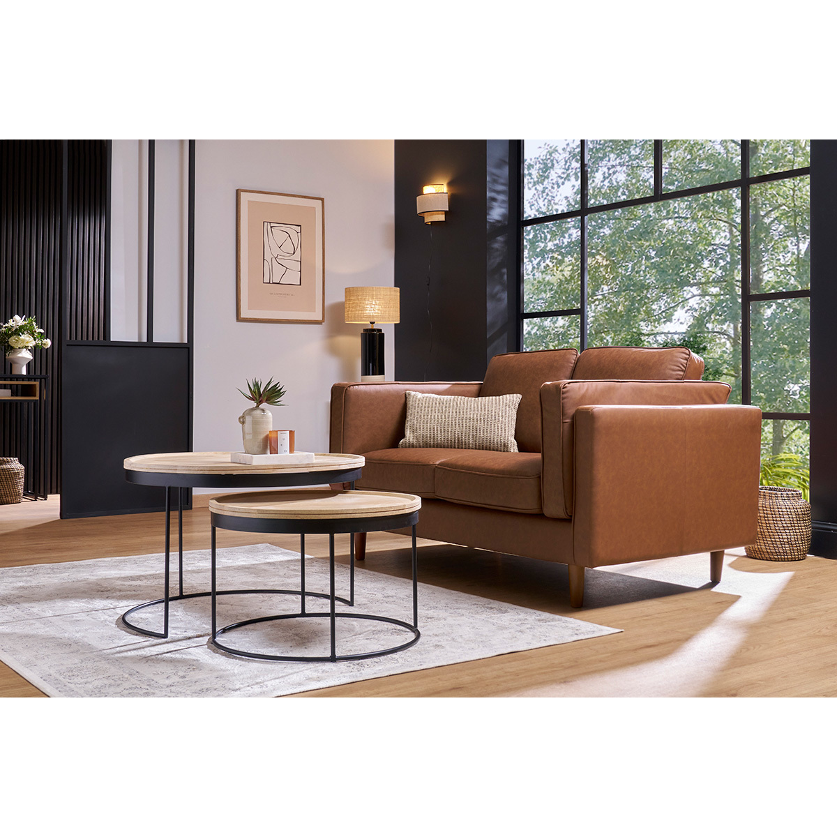 Canapé vintage 2 places cuir marron et bois foncé BRADLEY marron, MILIBOO