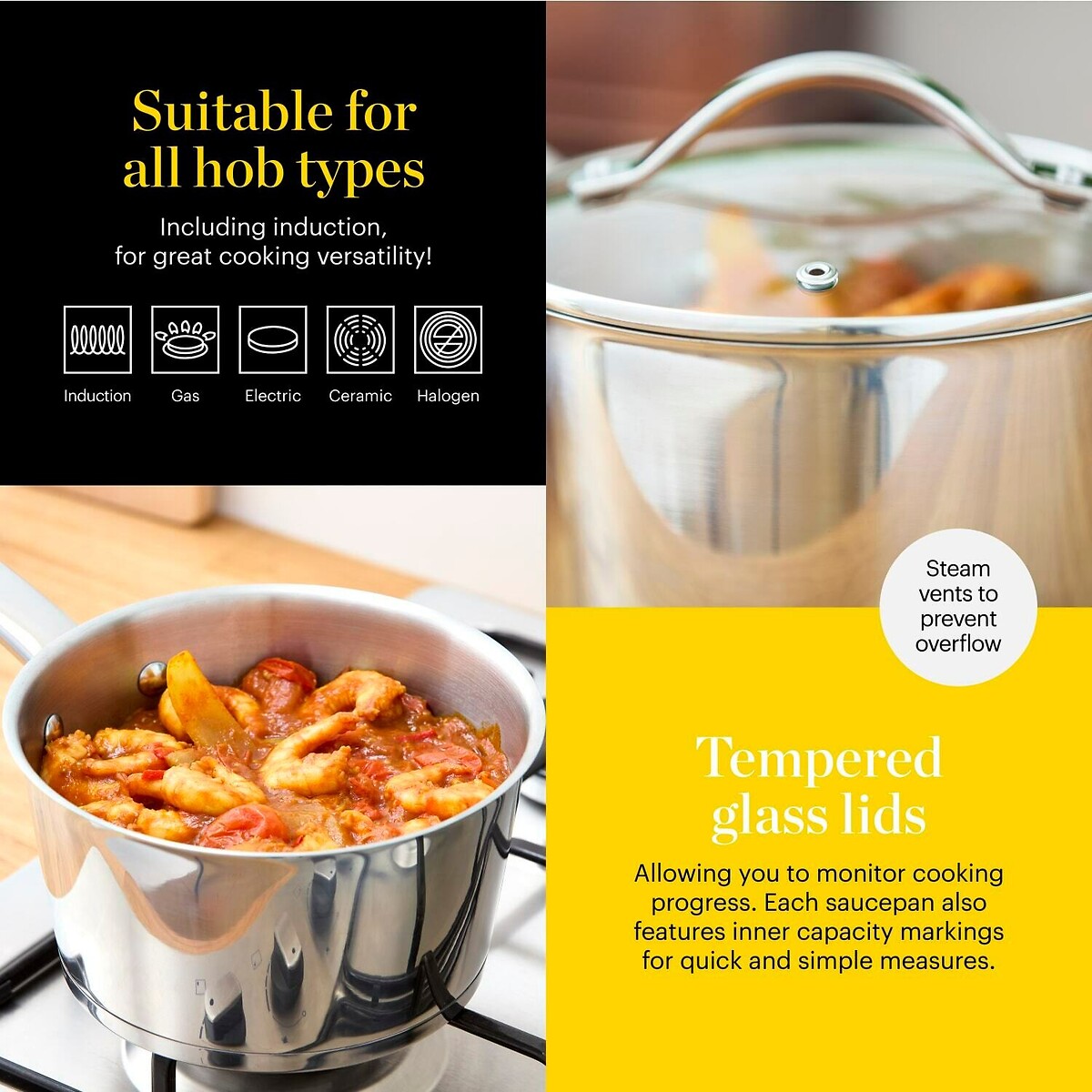 3-Piece Stainless Steel Saucepan Set silver-coloured, GOOD FOOD BY TOWER