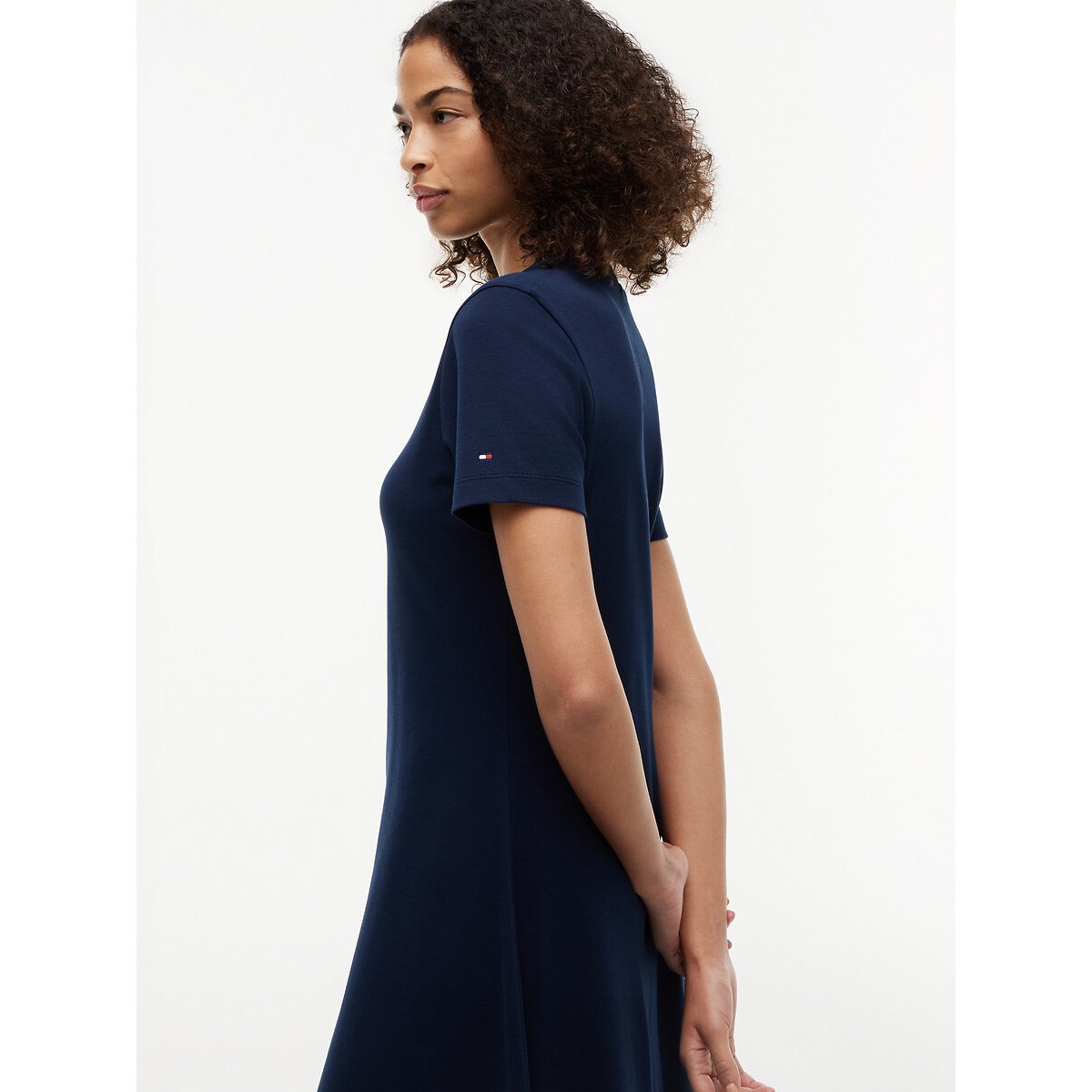Vestido midi acampanado de manga corta azul marino, TOMMY HILFIGER