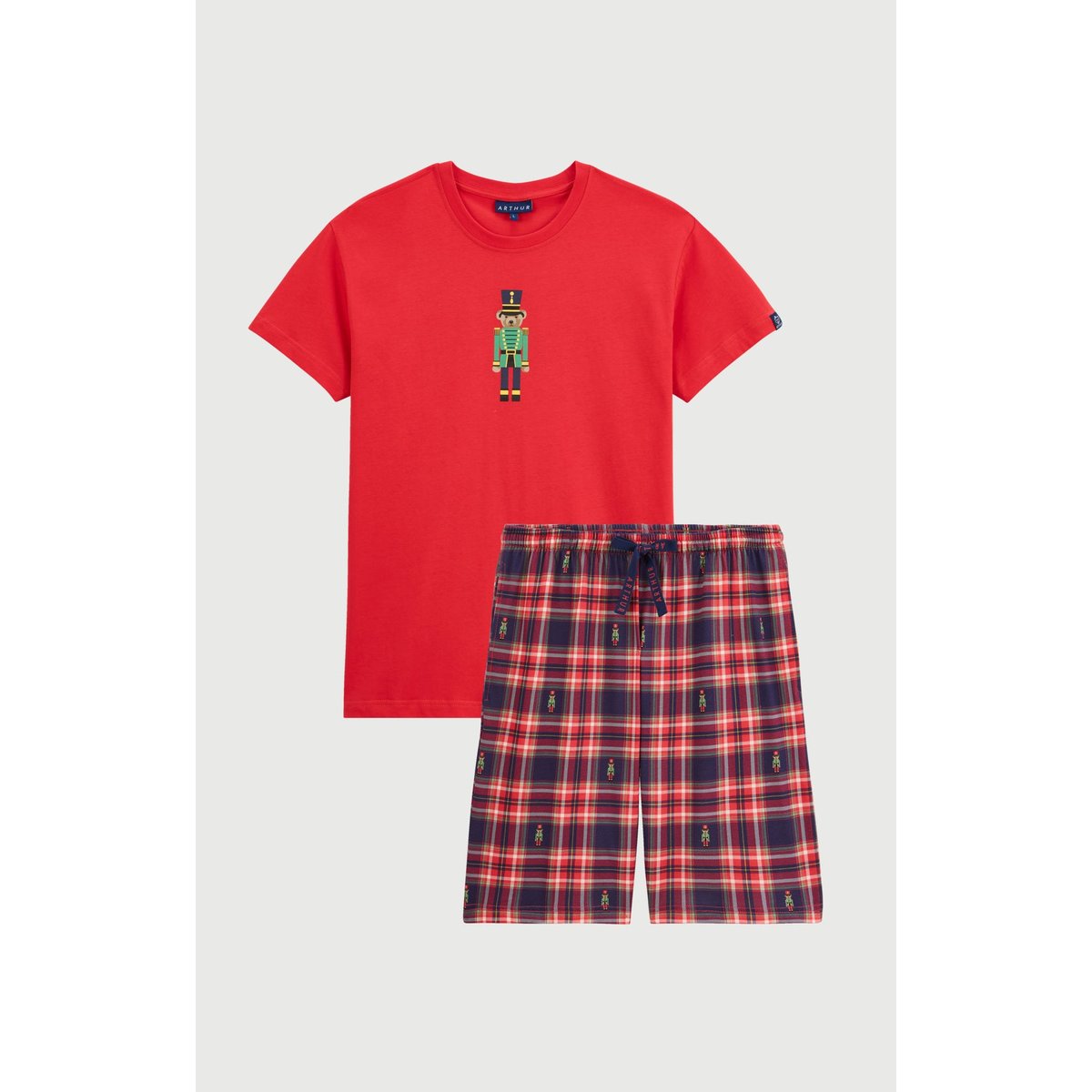 Pyjashort en jersey de coton léger à carreaux Léon rouge, ARTHUR