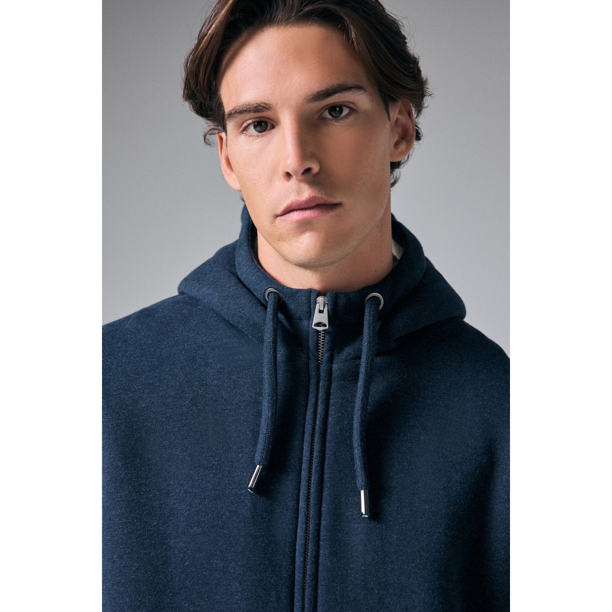 Sweat à capuche zippé doublée de peau lainée bleu marine, NEXT