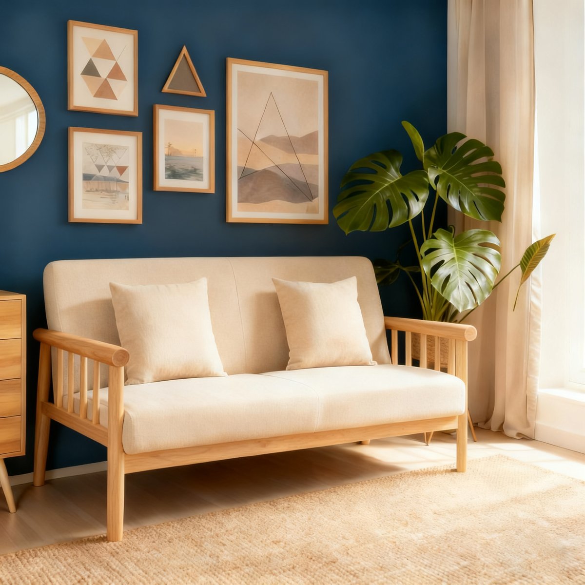 Canapé 2 places en tissu aspect lin avec 2 coussins et structure en bois style scandinave , APPLE beige, MEUBLES COSY