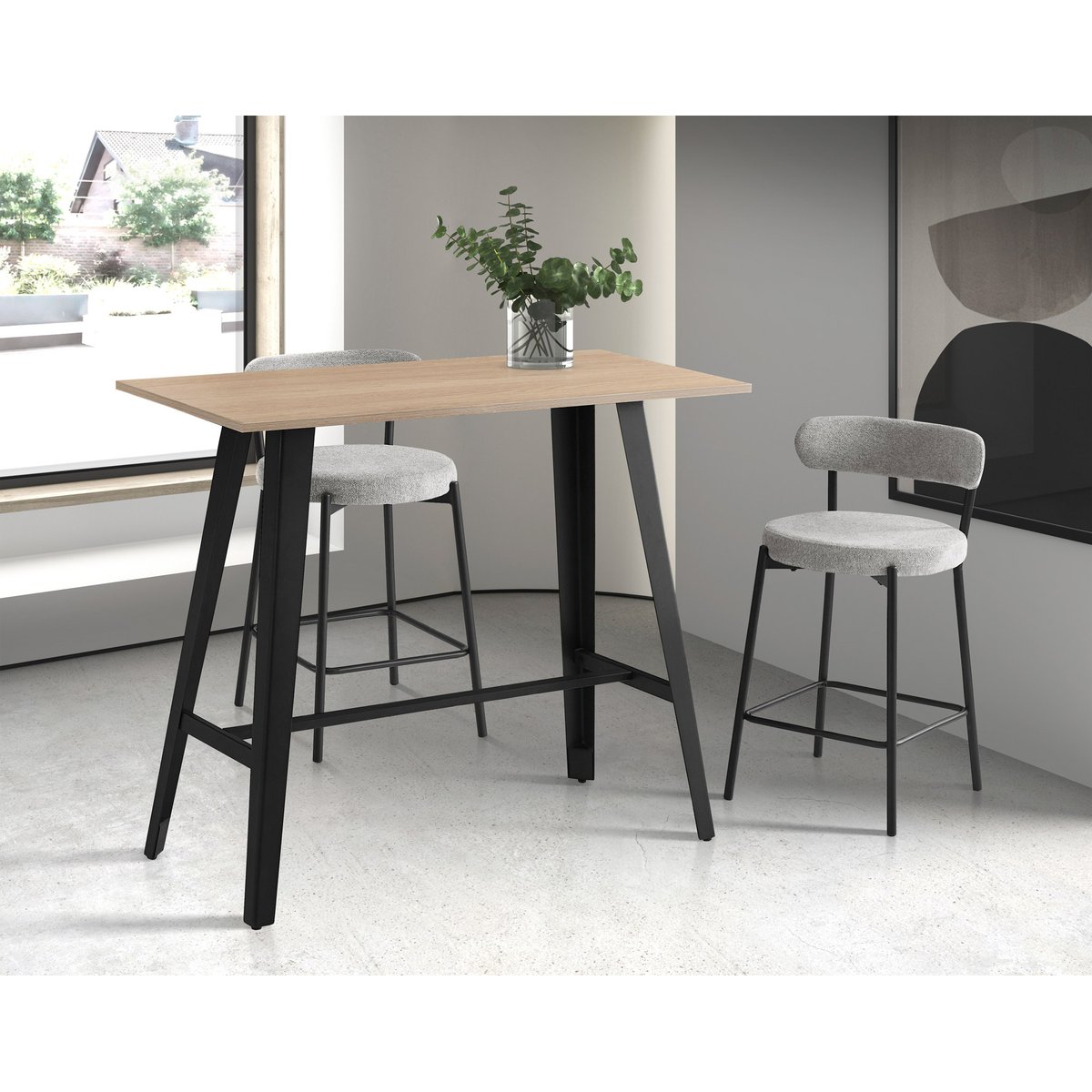 Table bar haute 4 couverts MDF et métal, NOX chêne-gris graphite, HISPANOHOGAR