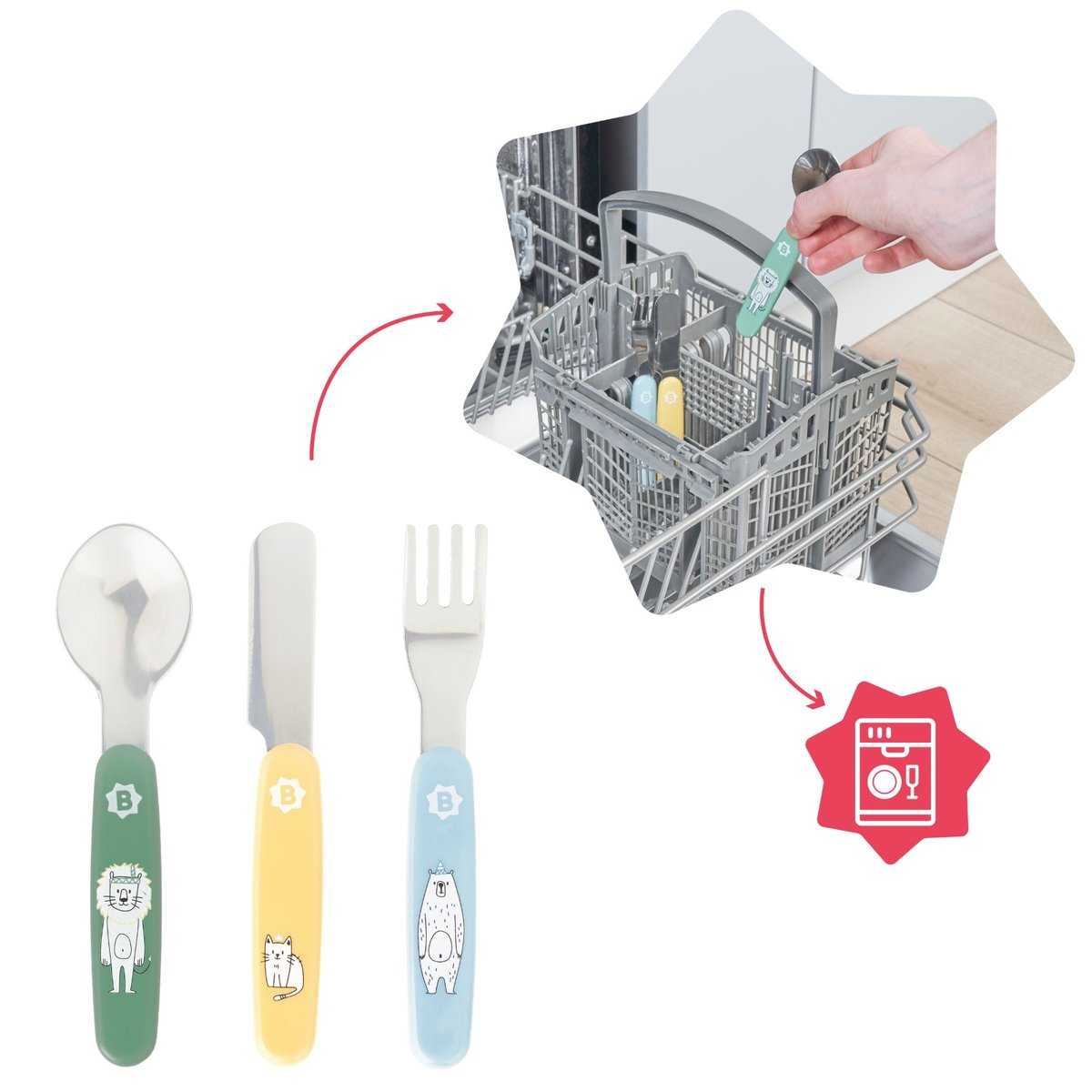 Couverts métal enfant pour repas autonomes gris, BADABULLE