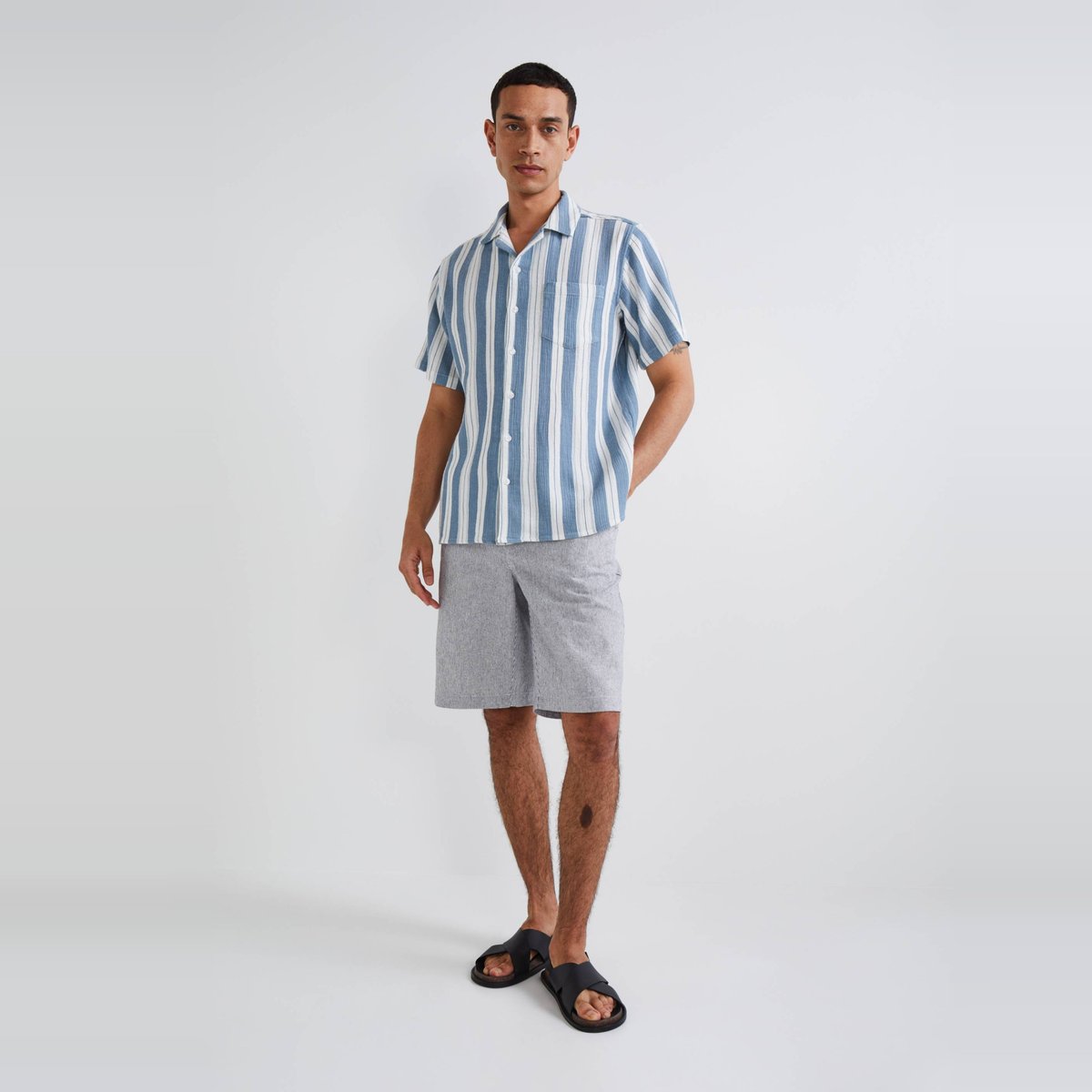 Bermuda élastiqué en lin et coton marine, MONOPRIX