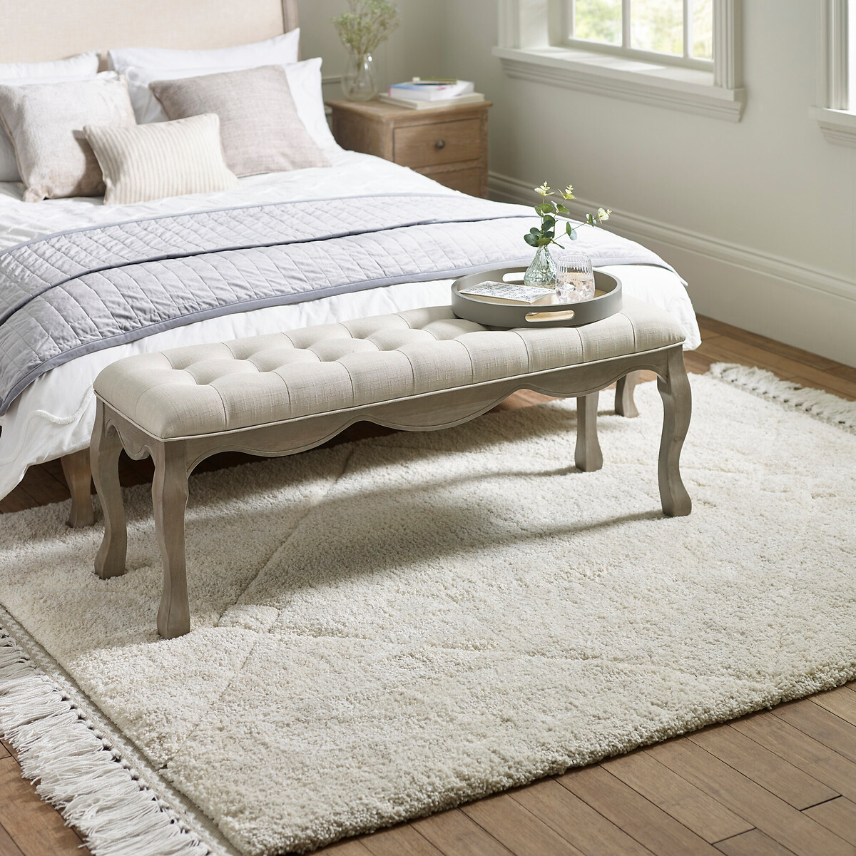 Cassia French Legs Oak & Linen Bench light oak wood, SO'HOME