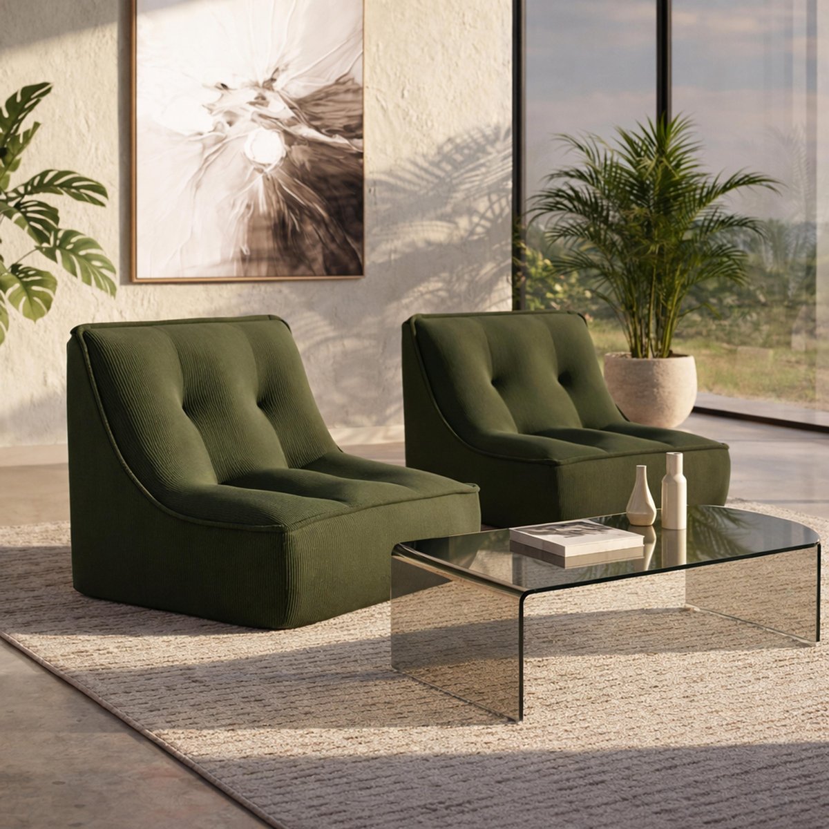 Lot de 2 fauteuils modulables en velours côtelé type chauffeuse, LIZY vert, OVIALA